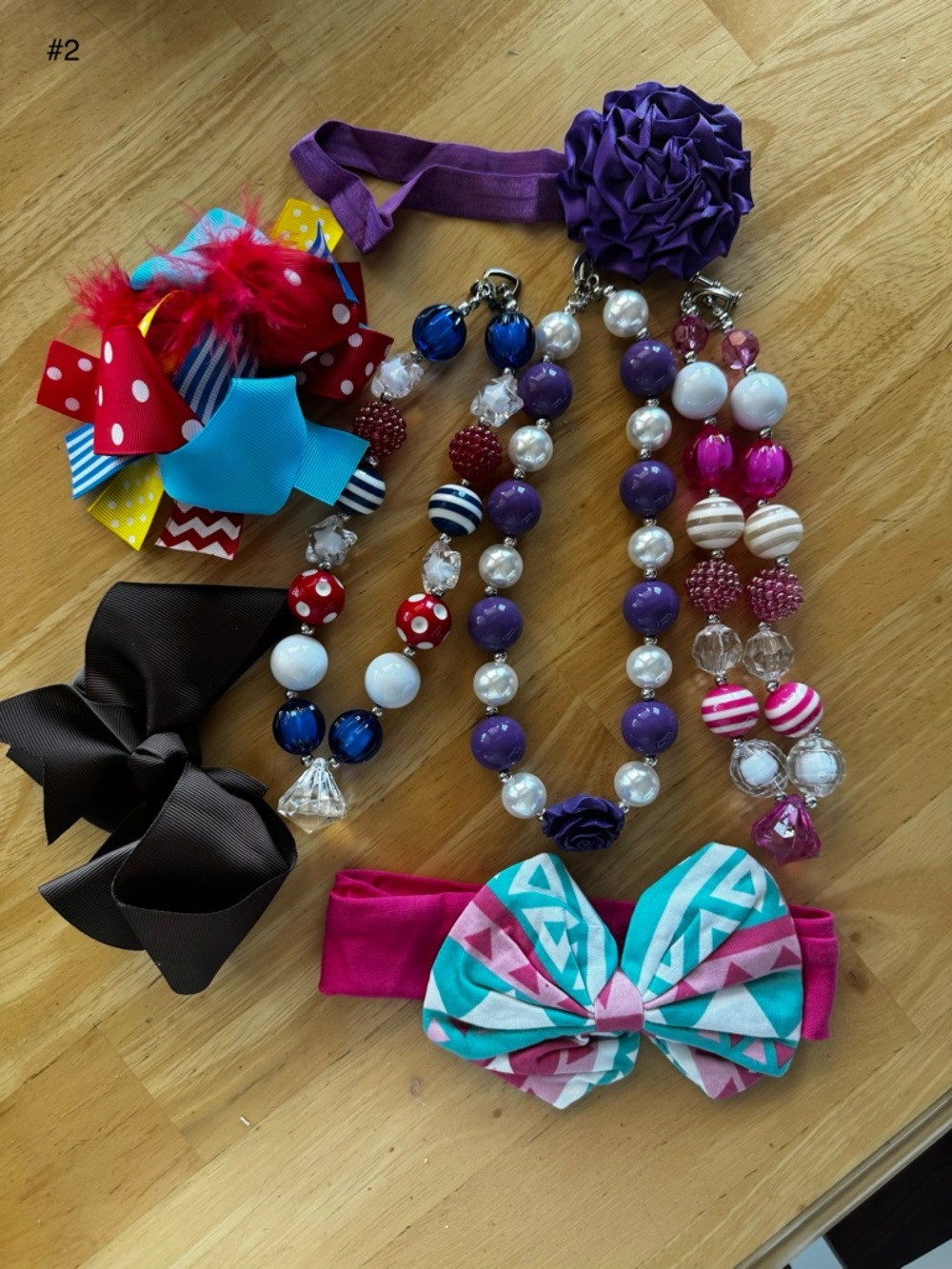 Kids Colorful Bead Necklace and Bow Headband Set - Purple, Pink, Blue